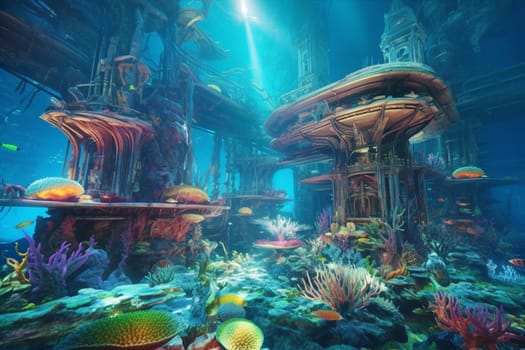 Explore the depths of a futuristic underwater city, nestled on a vibrant coral reef and teeming with exotic sea creatures. The neon lights illuminate the colorful underwater landscape, making it a photographer's dream. (generative AI)