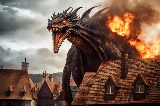 The giant fire-breathing dragon, a symbol of power and destruction, can be seen perched on top of a castle tower, overlooking a medieval village. The historical and medieval atmosphere of the scene creates a sense of awe and grandeur, while the high contrast of the red dragon scales against the warm stone of the castle tower adds a sense of power and towering strength. (generative AI)