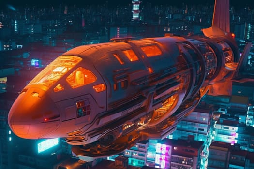 A sleek and futuristic vehicle glides over a neon-lit cityscape at night. The vehicle is powered by advanced technology and moves effortlessly through the air, leaving a trail of light behind it. The city below is vibrant and bustling, with towering skyscrapers and bustling traffic. (generative AI)