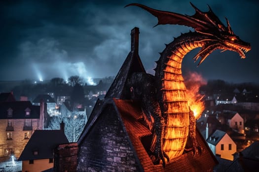 The giant fire-breathing dragon, a symbol of power and destruction, can be seen perched on top of a castle tower, overlooking a medieval village. The historical and medieval atmosphere of the scene creates a sense of awe and grandeur, while the high contrast of the red dragon scales against the warm stone of the castle tower adds a sense of power and towering strength. (generative AI)