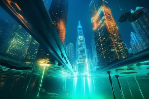 A bustling futuristic underwater metropolis that captures the essence of modern civilization. Scattered with towering skyscrapers and streetlights casting neon hues in the deep blue underwater world. A beautiful and imaginative futuristic landscape. (generative AI)