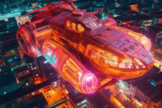 A sleek and futuristic vehicle glides over a neon-lit cityscape at night. The vehicle is powered by advanced technology and moves effortlessly through the air, leaving a trail of light behind it. The city below is vibrant and bustling, with towering skyscrapers and bustling traffic. (generative AI)