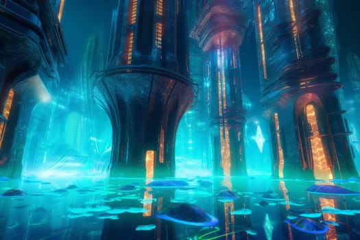 A bustling futuristic underwater metropolis that captures the essence of modern civilization. Scattered with towering skyscrapers and streetlights casting neon hues in the deep blue underwater world. A beautiful and imaginative futuristic landscape. (generative AI)