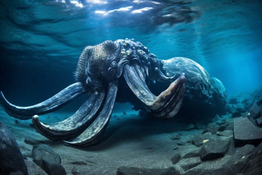 The kraken is a mythical sea creature that is said to dwell in the depths of the ocean. In this scene, a giant kraken can be seen emerging from the ocean near a rocky shore, unleashing its immense power and creating a dramatic and captivating scene that takes the viewer beneath the waves. (generative AI)