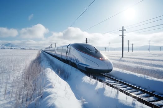 A futuristic bullet train hurtles through a picturesque snow-covered landscape, providing a thrilling ride for its passengers as it reaches speeds of over 300 mph. The train's sleek, aerodynamic design cuts effortlessly through the snowdrifts. (generative AI)