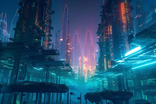 A bustling futuristic underwater metropolis that captures the essence of modern civilization. Scattered with towering skyscrapers and streetlights casting neon hues in the deep blue underwater world. A beautiful and imaginative futuristic landscape. (generative AI)
