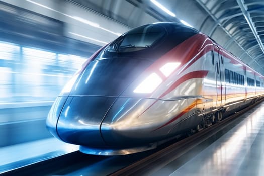 A state-of-the-art bullet train cuts through the landscape as it speeds down a long, straight track. The train's streamlined design and smooth, efficient ride make it the ultimate in modern transportation. (generative AI)