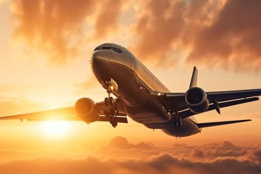 A massive, high-tech cargo plane powers through the sky at sunset, creating a stunning contrast between the warm tones of the setting sun and the sleek metallic design of the aircraft. The sheer size and power of this plane are on full display, making for an awe-inspiring scene. (generative AI)