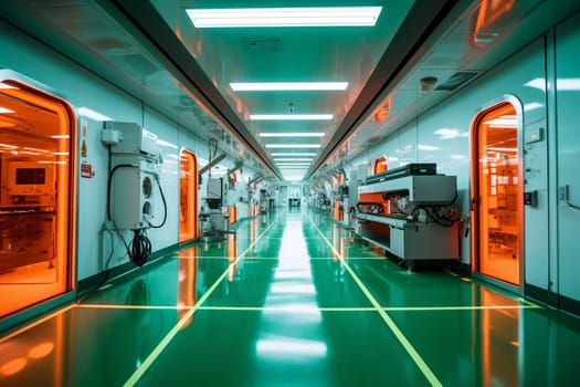 Explore the cutting-edge of technology with this stunning photo scene of a high-tech factory producing state-of-the-art robotics. Against a clean and sterile laboratory setting, robots are assembled with precision and care by highly specialized technicians. With sharp lines and vivid colors, this photo scene captures the power and potential of modern robotics. (generative AI)