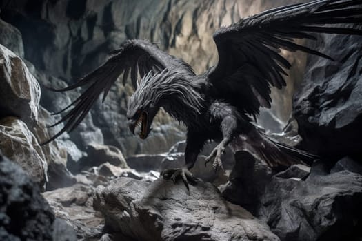 A mythological creature that is part eagle and part lion, the griffin is a fierce predator that strikes fear into its prey. In this dramatic scene, the griffin swoops down on its prey in a rocky canyon, creating an epic and cinematic display of power and strength. (generative AI)