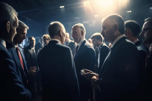 Business leaders from around the world gather at a conference to discuss new business trends and strategies. The atmosphere is charged with excitement and anticipation as they share their knowledge and expertise with one another. (generative AI)