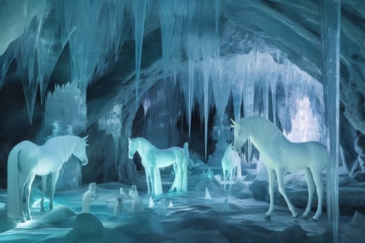 This scene depicts a group of crystalline unicorns grazing in a crystal cave. The shimmering and glowing nature of the unicorns and the cave add to the ethereal and magical feel of the scene. (generative AI)