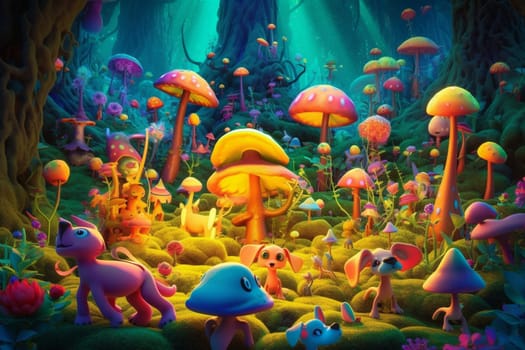 Extraterrestrial aliens are fantastic creatures that symbolize space exploration and intellectual curiosity. In this playful scene, a group of friendly alien beings can be seen playing with a group of puppies in a magical forest, creating a vibrant and enchanting ambiance. The dreamy and fantastic scenery is enhanced by the vibrant colors of the setting. (generative AI)