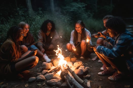 A group of friends sit around a campfire, roasting marshmallows as the night sky deepens around them. The scene is warm and cozy, with a golden hour quality to the light. This scene can evoke feelings of cheerfulness, playfulness, and nostalgia for summertime fun. (generative AI)