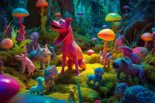 Extraterrestrial aliens are fantastic creatures that symbolize space exploration and intellectual curiosity. In this playful scene, a group of friendly alien beings can be seen playing with a group of puppies in a magical forest, creating a vibrant and enchanting ambiance. The dreamy and fantastic scenery is enhanced by the vibrant colors of the setting. (generative AI)