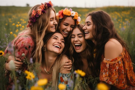 A group of friends share a moment of pure joy, surrounded by a field of vibrant flowers. The warm sun shines down on them, casting a dreamy glow over the scene and creating a colorful and bohemian atmosphere. This scene captures the essence of carefree summertime and the spontaneous joy of being with loved ones. (generative AI)