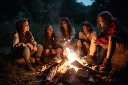 A group of friends sit around a campfire, roasting marshmallows as the night sky deepens around them. The scene is warm and cozy, with a golden hour quality to the light. This scene can evoke feelings of cheerfulness, playfulness, and nostalgia for summertime fun. (generative AI)