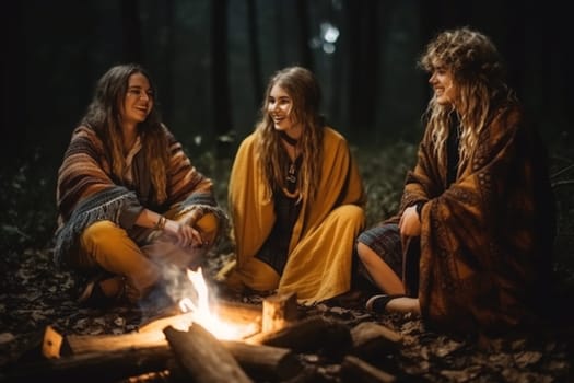 A group of friends gather around a bonfire in the woods at night, their faces warm with the glow of the fire and the joy of being together. The sound of the crackling flames and the smell of burning wood create a cozy atmosphere that is inviting and calm. This scene can evoke feelings of friendship, warmth, and joy. (generative AI)