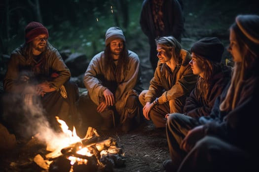 A group of friends sit around a campfire at night, wrapped in warm blankets and enjoying the company of each other. The flames cast a vibrant light on their faces, creating an atmosphere of shared warmth and comfort. The storytelling and laughter bring a dynamic element to the scene, building camaraderie among the group. This photo can evoke feelings of friendship, community, and nostalgia. (generative AI)