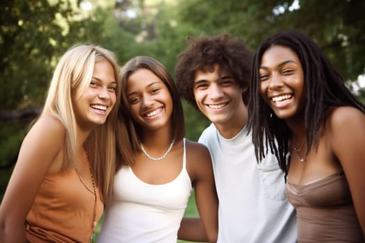 In the midst of a green park, a group of close friends laugh and joke together, feeling carefree and happy in the moment. The scene is vibrant and lively with the colors of nature all around them. This setting can evoke feelings of joy, friendship, and companionship. (generative AI)