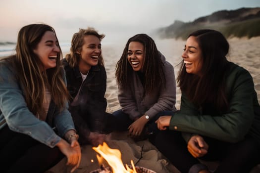 A group of friends sit around a bonfire on the beach, laughing and sharing stories. The warm glow of the flames creates a cozy and social atmosphere. This scene can evoke feelings of happiness, connection, and a sense of belonging. (generative AI)