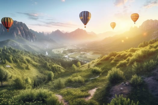 A colorful group of hot air balloons float serenely above a breathtaking valley, the early morning sunlight casting a warm glow over the landscape. The experience provides a unique and unforgettable perspective on the beauty of nature, as well as the thrill of floating through the air. (generative AI)