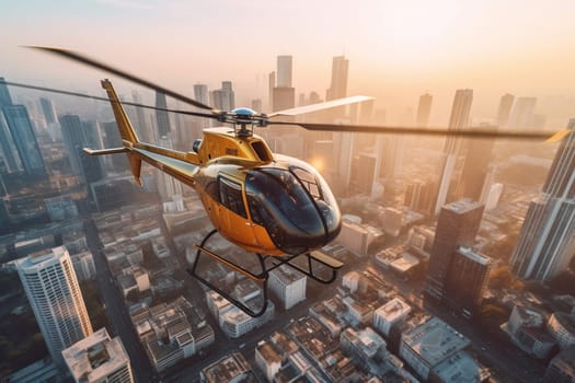 A state-of-the-art helicopter hovers in mid-air above a towering skyscraper, its powerful rotors slicing through the air. The city bustles below, with cars and people moving about their daily business as the helicopter surveys the urban landscape. (generative AI)
