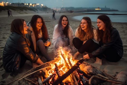 A group of friends sit around a bonfire on the beach, laughing and sharing stories. The warm glow of the flames creates a cozy and social atmosphere. This scene can evoke feelings of happiness, connection, and a sense of belonging. (generative AI)