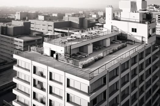 The high-rise office building is a testament to corporate success and ambition. With an outdoor terrace and panoramic views of the city, this building is the perfect place for high-powered executives to work and network. (generative AI)