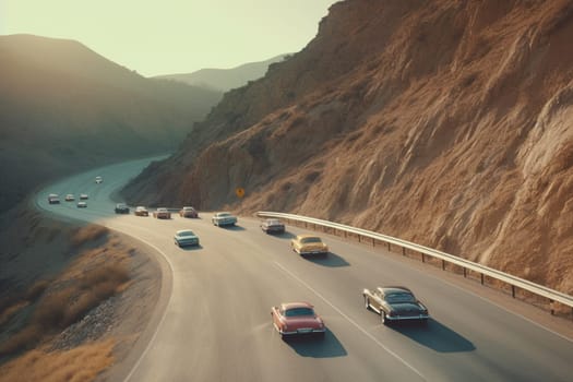 A group of vintage cars speed through a scenic mountain pass, their engines roaring and tires screeching. The cars are picturesque, with classic designs and vibrant colors standing out against the lush green landscape. The road ahead is narrow and winding, providing an exciting driving experience for the racers. (generative AI)