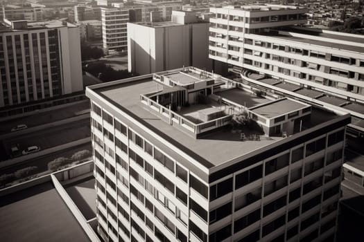 The high-rise office building is a testament to corporate success and ambition. With an outdoor terrace and panoramic views of the city, this building is the perfect place for high-powered executives to work and network. (generative AI)