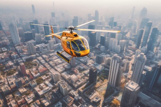 A state-of-the-art helicopter hovers in mid-air above a towering skyscraper, its powerful rotors slicing through the air. The city bustles below, with cars and people moving about their daily business as the helicopter surveys the urban landscape. (generative AI)