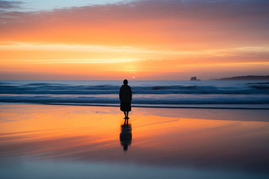 At sunrise, a lone figure stands on a cliff overlooking the vast expanse of the ocean. The calming orange and blue tones of the sky contrast with the natural blues of the water and the greens of the foliage, creating a beautiful and rejuvenating scene. This scene evokes feelings of peace, reflection, inspiration, and rejuvenation. (generative AI)