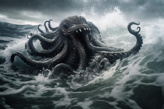 A mighty sea monster from Nordic legend, the kraken is a fearsome and awe-inspiring creature. In this dramatic scene, the kraken rises from the ocean depths in a stormy sea, creating an epic display of power and terror. (generative AI)