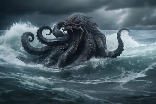 A mighty sea monster from Nordic legend, the kraken is a fearsome and awe-inspiring creature. In this dramatic scene, the kraken rises from the ocean depths in a stormy sea, creating an epic display of power and terror. (generative AI)