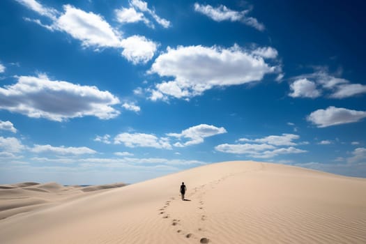 A lone figure stands in a vast and isolated desert, surrounded by towering sand dunes and the wide expanse of the blue sky above. The scene is atmospheric and majestic, with the tranquility of the empty desert landscape adding to the sense of solitude and introspection. This scene can evoke feelings of quiet reflection, isolation, and expansive thought. (generative AI)