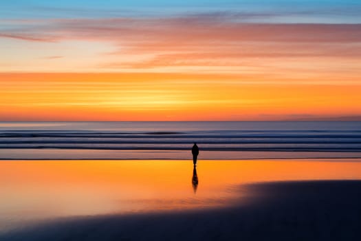 At sunrise, a lone figure stands on a cliff overlooking the vast expanse of the ocean. The calming orange and blue tones of the sky contrast with the natural blues of the water and the greens of the foliage, creating a beautiful and rejuvenating scene. This scene evokes feelings of peace, reflection, inspiration, and rejuvenation. (generative AI)