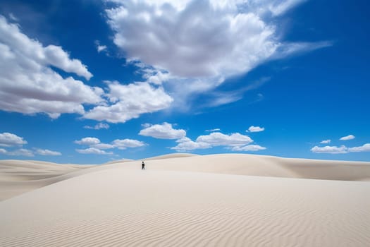 A lone figure stands in a vast and isolated desert, surrounded by towering sand dunes and the wide expanse of the blue sky above. The scene is atmospheric and majestic, with the tranquility of the empty desert landscape adding to the sense of solitude and introspection. This scene can evoke feelings of quiet reflection, isolation, and expansive thought. (generative AI)