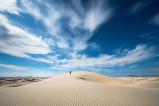 A lone figure stands in a vast and isolated desert, surrounded by towering sand dunes and the wide expanse of the blue sky above. The scene is atmospheric and majestic, with the tranquility of the empty desert landscape adding to the sense of solitude and introspection. This scene can evoke feelings of quiet reflection, isolation, and expansive thought. (generative AI)