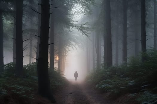 A lone person walks through a misty forest at dawn, their footsteps quiet and peaceful in the stillness of the wilderness. The mist creates a mysterious atmosphere, as if the forest is alive and full of secrets. This scene can evoke feelings of contemplation, peace, and a sense of wonder at the beauty of the natural world. (generative AI)