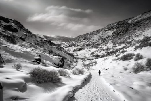 The lone hiker climbs up the snow-covered mountain path, battling the treacherous terrain and the ferocity of the elements. The stark and dramatic nature of the environment is highlighted by the monochrome, adding to the thrill and excitement of the experience. This scene embodies the adventurous and challenging spirit that comes with braving the awe-inspiring majesty of snow-covered mountains. (generative AI)