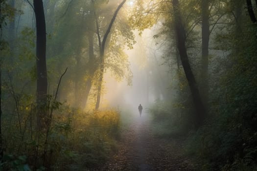 A lone person walks through a misty forest at dawn, their footsteps quiet and peaceful in the stillness of the wilderness. The mist creates a mysterious atmosphere, as if the forest is alive and full of secrets. This scene can evoke feelings of contemplation, peace, and a sense of wonder at the beauty of the natural world. (generative AI)