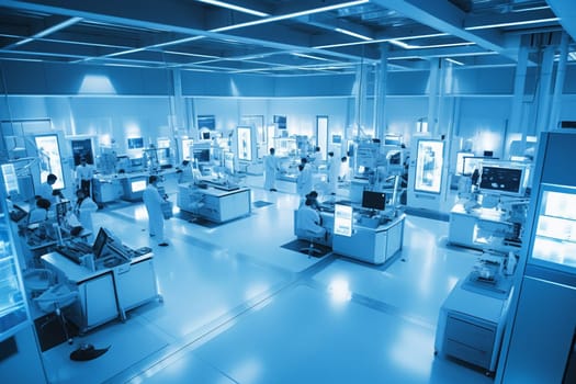 The high-tech laboratory is where groundbreaking medical research and development takes place. Researchers in lab coats work tirelessly to develop life-saving treatments and cures, using the latest in scientific technology. (generative AI)