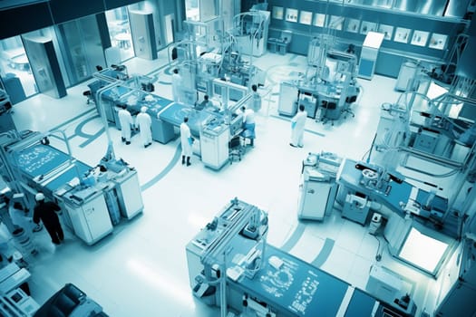 The high-tech laboratory is where groundbreaking medical research and development takes place. Researchers in lab coats work tirelessly to develop life-saving treatments and cures, using the latest in scientific technology. (generative AI)