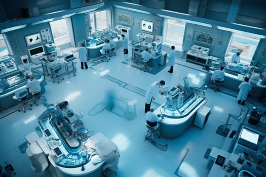 The high-tech laboratory is where groundbreaking medical research and development takes place. Researchers in lab coats work tirelessly to develop life-saving treatments and cures, using the latest in scientific technology. (generative AI)