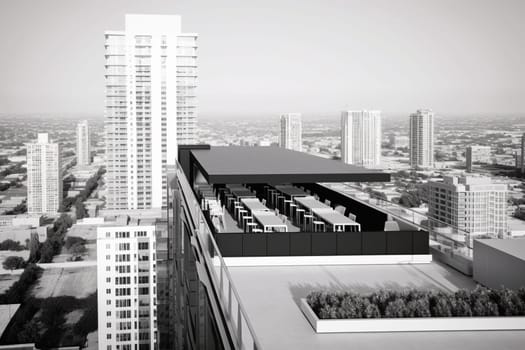 The high-rise office building is a testament to corporate success and ambition. With an outdoor terrace and panoramic views of the city, this building is the perfect place for high-powered executives to work and network. (generative AI)