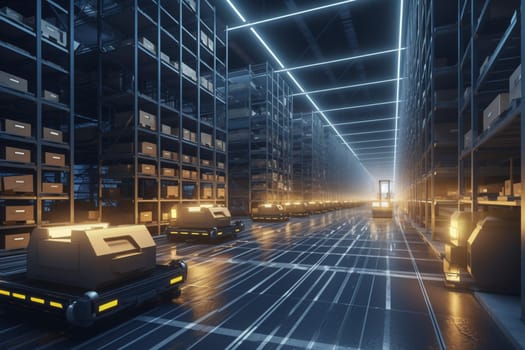 In a high-tech logistics center, humans and robots work together to manage the complex flow of goods and resources across the globe. From organizing shipping schedules and coordinating transport logistics, to managing inventory and preparing packages for shipment, every element of the business is carefully monitored and precisely managed with the latest in technology and logistics expertise. (generative AI)