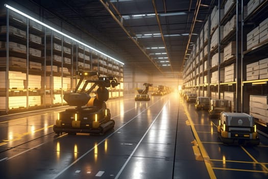 In a high-tech logistics center, humans and robots work together to manage the complex flow of goods and resources across the globe. From organizing shipping schedules and coordinating transport logistics, to managing inventory and preparing packages for shipment, every element of the business is carefully monitored and precisely managed with the latest in technology and logistics expertise. (generative AI)