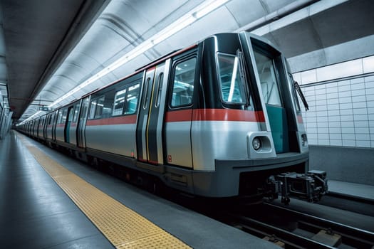 A modern and sleek subway train hurtles through an underground tunnel, its efficient and eco-friendly design featuring cutting-edge technology and pleasing aesthetics. The train offers a quick and easy mode of transportation in urban areas, seamlessly blending into the bustling city landscape. (generative AI)