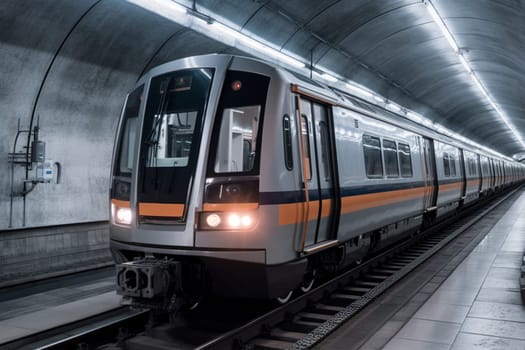 A modern and sleek subway train hurtles through an underground tunnel, its efficient and eco-friendly design featuring cutting-edge technology and pleasing aesthetics. The train offers a quick and easy mode of transportation in urban areas, seamlessly blending into the bustling city landscape. (generative AI)